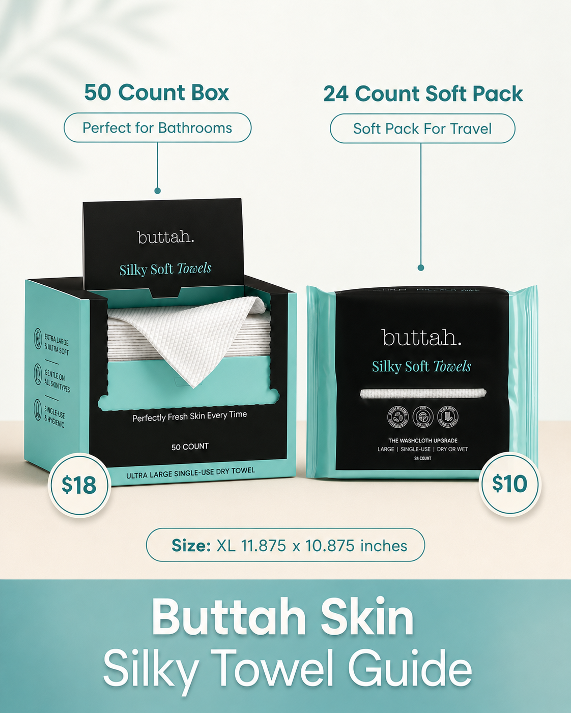 Buttah Silky Soft Towels guide ā 50 Count Box vs 24 Count Soft Pack, size XL 11.875 x 10.875 inches