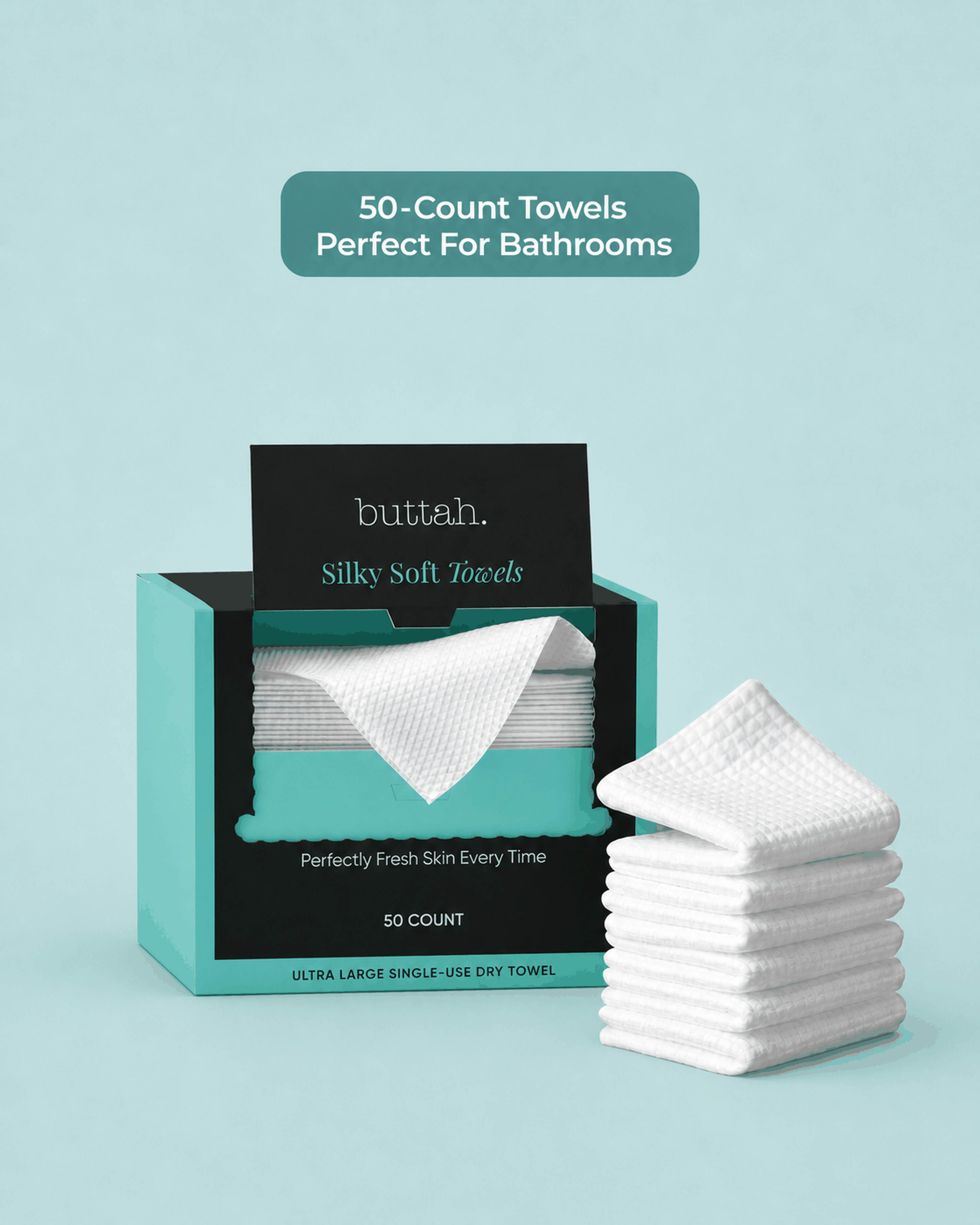 A 50-count box of Disposable Face Cleansing Towels with a stack of white folded towels beside it on a light blue background.