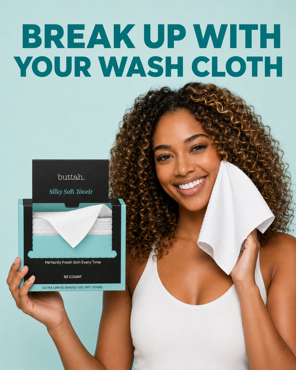 Break Up With Your Wash Cloth — Buttah 50-Count Silky Soft Disposable Face Towels, teal background lifestyle